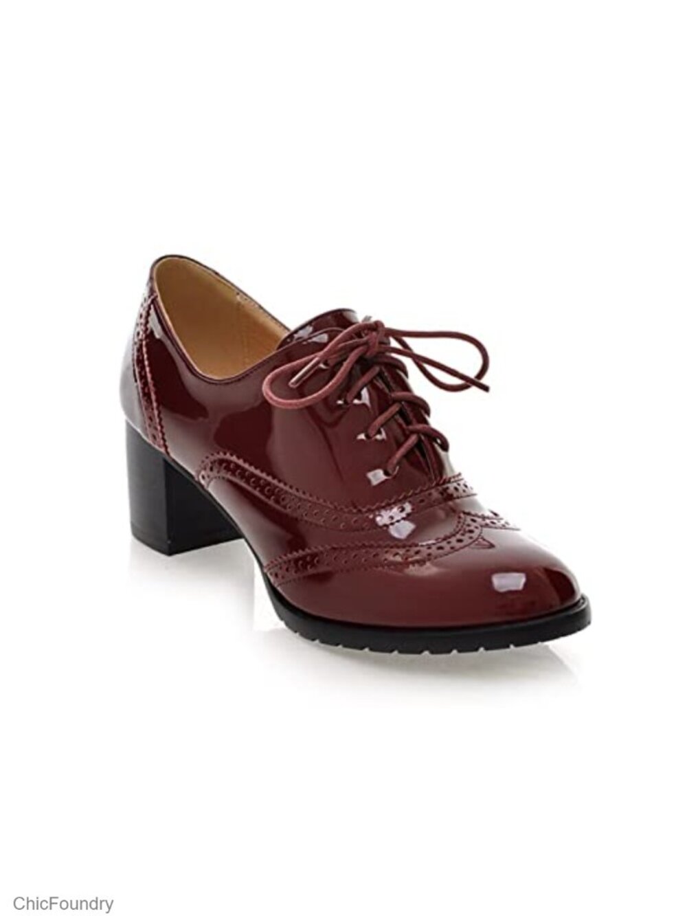Vintage PU Leather Wingtip Brogues Lace-Up Oxfords Mid Block Heel Pumps Women's